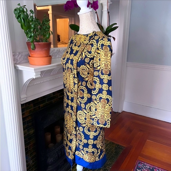 VINTAGE TIBI 100% Silk Blue & Gold Medallion Print Button Up Shift Dress Size 4 - Picture 4 of 15